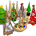 Colorful Decorated Christmas Trees With Festive Lights Stars And Gifts