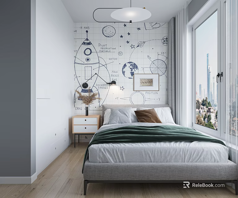 Kids Bedroom Interior With Rocket Stars Wall Bed Green Blanket Nightstand Lamp Window City View 3d model 
