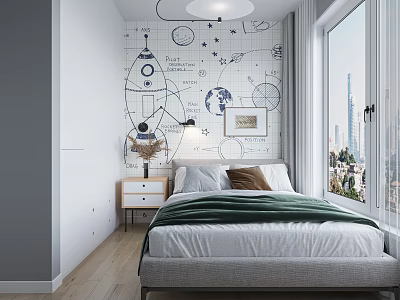 Kids Bedroom Interior With Rocket Stars Wall Bed Green Blanket Nightstand Lamp Window City View 3d model