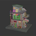 Miniature Two Story Asian Style Building With Balcony Striped Awning And Green Door