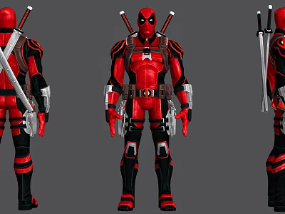 Deadpool Game Movie Character In Red Black Costume With Dual Swords On Back 3d model