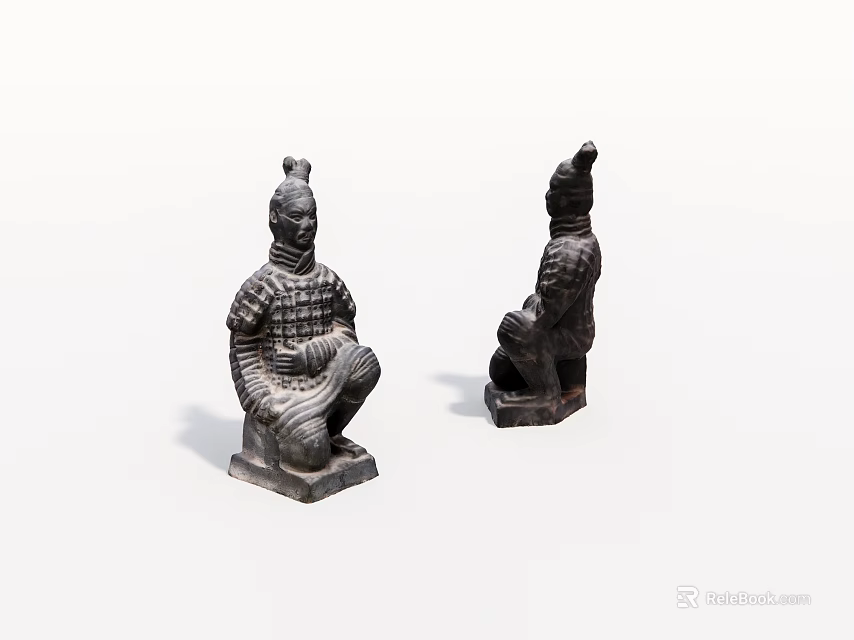 Two Black Seated Terracotta Warrior Sculptures with Front and Side Views on White Background 3d model 