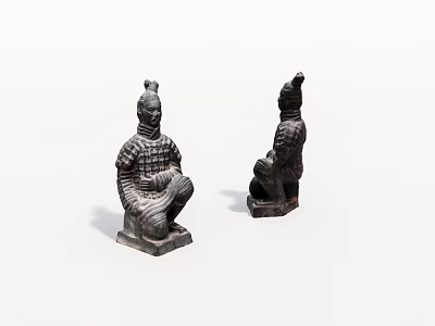 Two Black Seated Terracotta Warrior Sculptures with Front and Side Views on White Background 3d model