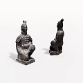 Two Black Seated Terracotta Warrior Sculptures with Front and Side Views on White Background