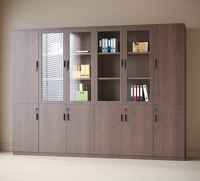 Dark Wood Storage Cabinet With Glass Doors Open Shelves And Folders Books Inside 3d model