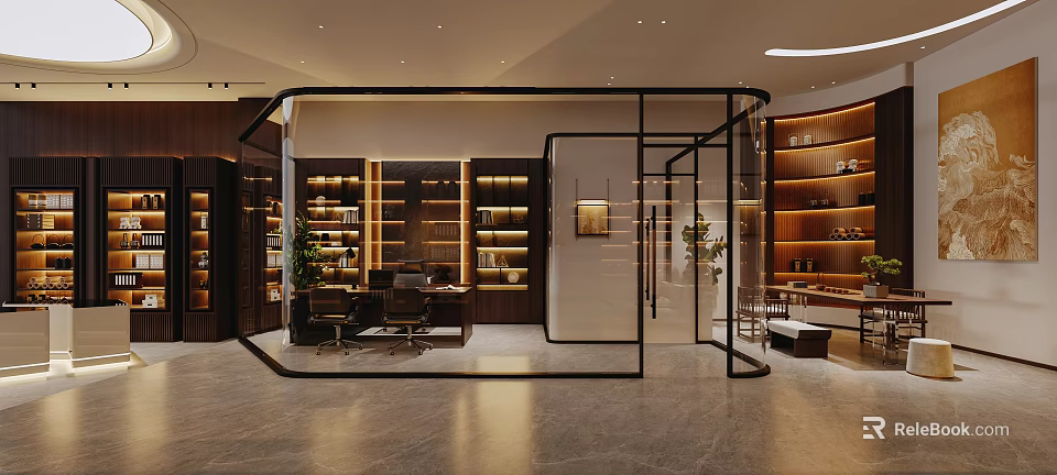 Modern Luxury Executive Office Interior With Glass Partition And Warm Illuminated Wooden Storage Cabinets 3d model 