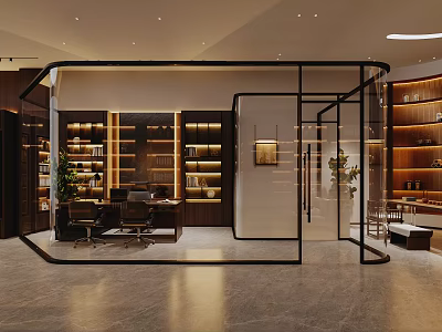 Modern Luxury Executive Office Interior With Glass Partition And Warm Illuminated Wooden Storage Cabinets 3d model