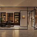 Modern Luxury Executive Office Interior With Glass Partition And Warm Illuminated Wooden Storage Cabinets