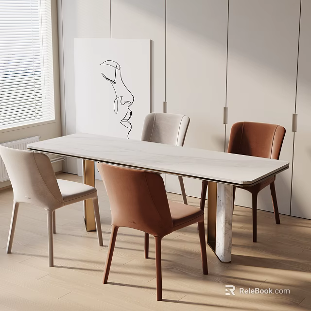 Modern Dining Table Set With White Top And Mixed Color Chairs In Bright Interior 3d model 