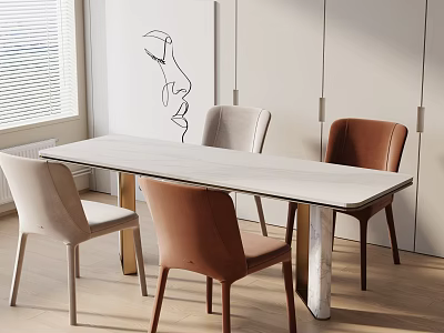 Modern Dining Table Set With White Top And Mixed Color Chairs In Bright Interior 3d model