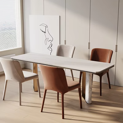 Modern Dining Table Set With White Top And Mixed Color Chairs In Bright Interior 3d model