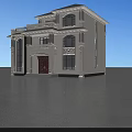 Two Story Detached Villa With White Exterior Brown Door Balcony Arched Windows And Decorative Carvings