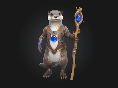 Mythical Otter Wizard Holding Wooden Staff With Blue Gem And Decorative Armor 3d model