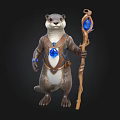 Mythical Otter Wizard Holding Wooden Staff With Blue Gem And Decorative Armor