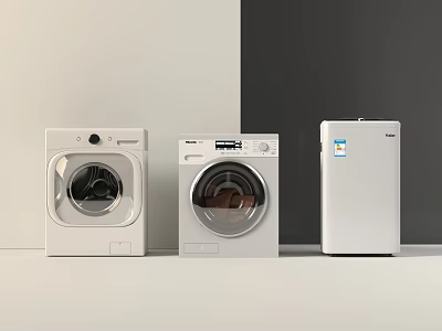 Two White Washing Machines Arranged Side By Side With Refrigerator Home Appliance 3d model