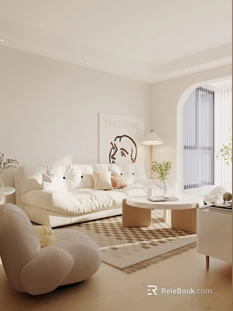 Modern Living Room Interior With White Sofa Matisse Artwork Coffee Table And Checkerboard Rug 3d model 