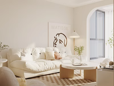Modern Living Room Interior With White Sofa Matisse Artwork Coffee Table And Checkerboard Rug 3d model
