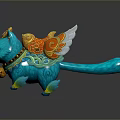 Vibrant Blue Decorative Cat Figurine With Golden Wings Ornate Patterns And Bell Accents