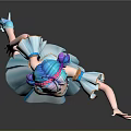 Game Movie Character With Teal Blue Hair Purple Accessory In Blue Dress Waving Lively