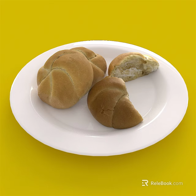 Fresh Baked Bread Loaves on White Plate with Yellow Background and Bitten Piece 3d model 