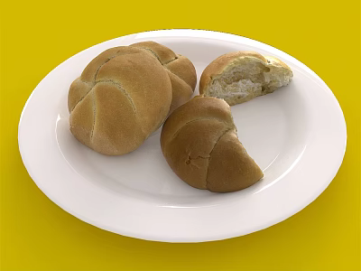 Fresh Baked Bread Loaves on White Plate with Yellow Background and Bitten Piece 3d model