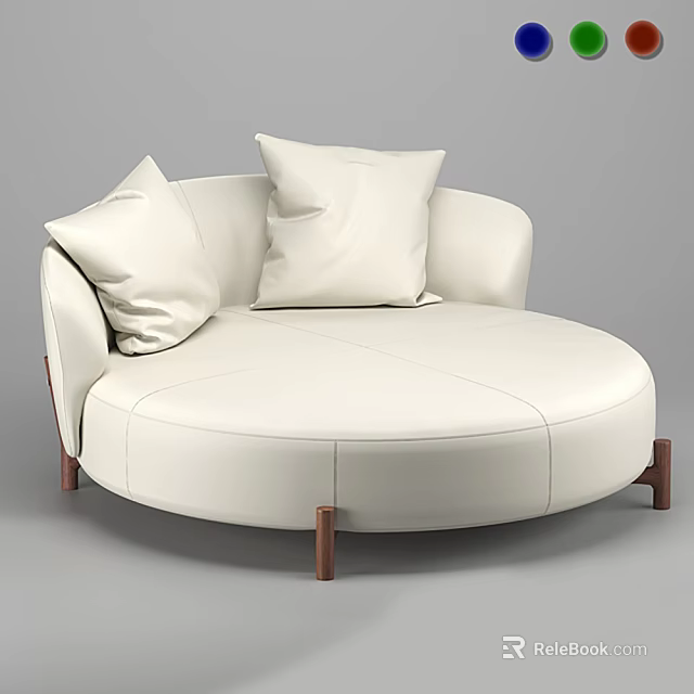 Modern White Round Leather Sofa Design With Plush Pillows And Wooden Legs 3d model 