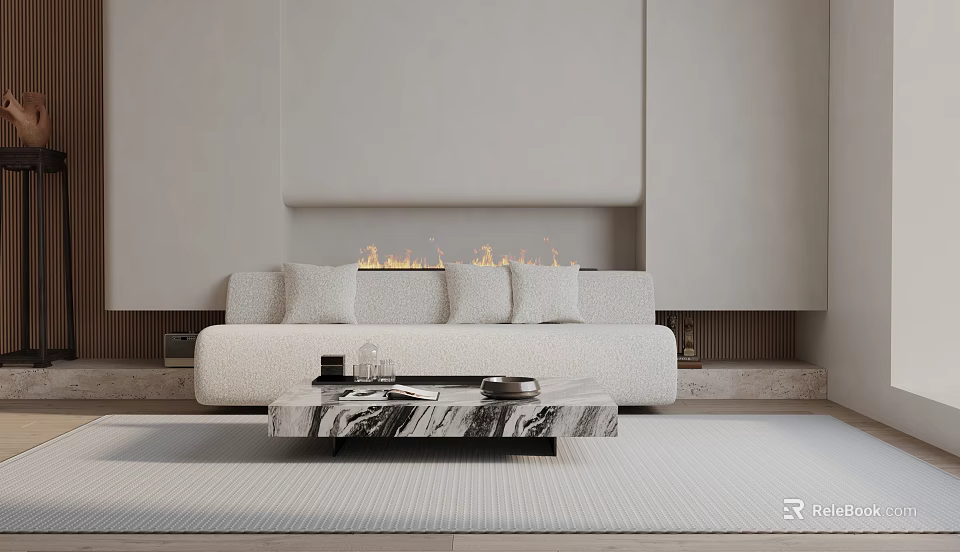 Modern Living Room Interior Design With Sofa Marble Coffee Table Fireplace And Neutral Rug 3d model 