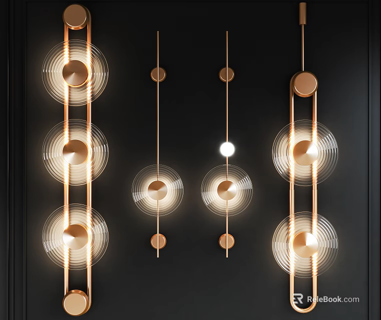 Modern Copper Round Wall Lamps With Illuminated Rings On Dark Contemporary Wall 3d model 