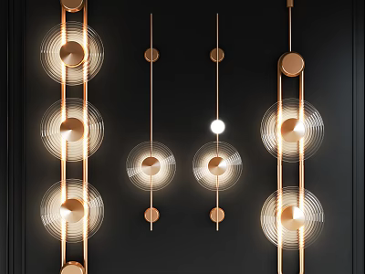 Modern Copper Round Wall Lamps With Illuminated Rings On Dark Contemporary Wall 3d model