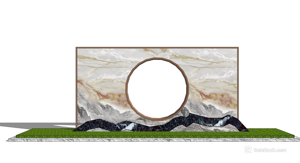 Marble Texture Garden Feature Wall With Circular Cutout And Rocky Mountain Base 3d model