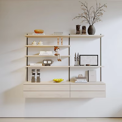 Modern Wall Mounted Shelf Unit with Multiple Shelves Drawers Books and Decorative Items 3d model