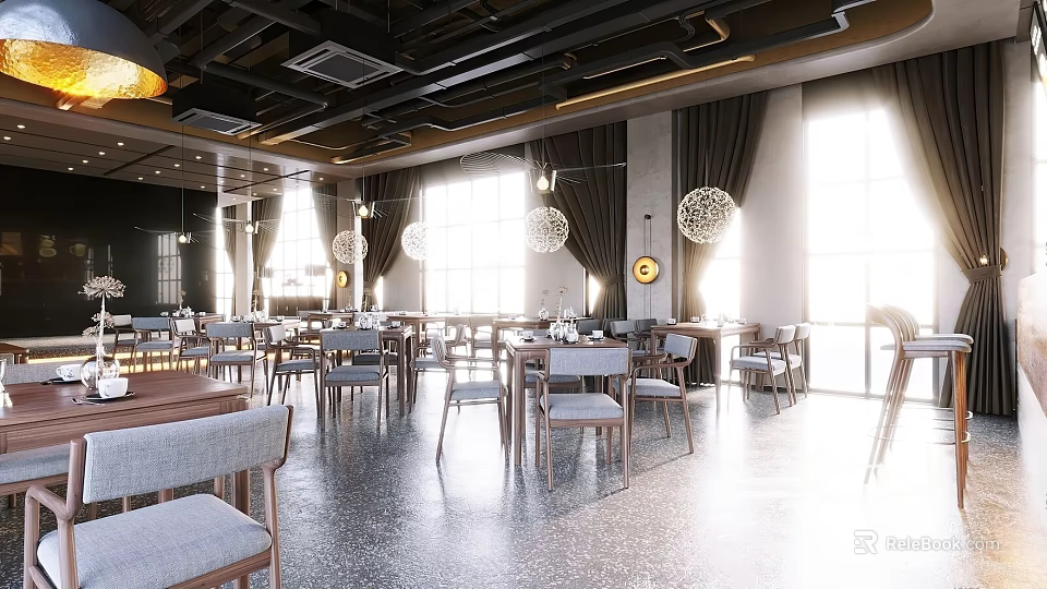 Modern Coffee Shop Interior Design With Hanging Pendant Lights Wooden Tables And Large Windows 3d model 