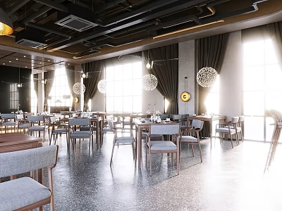 Modern Coffee Shop Interior Design With Hanging Pendant Lights Wooden Tables And Large Windows 3d model