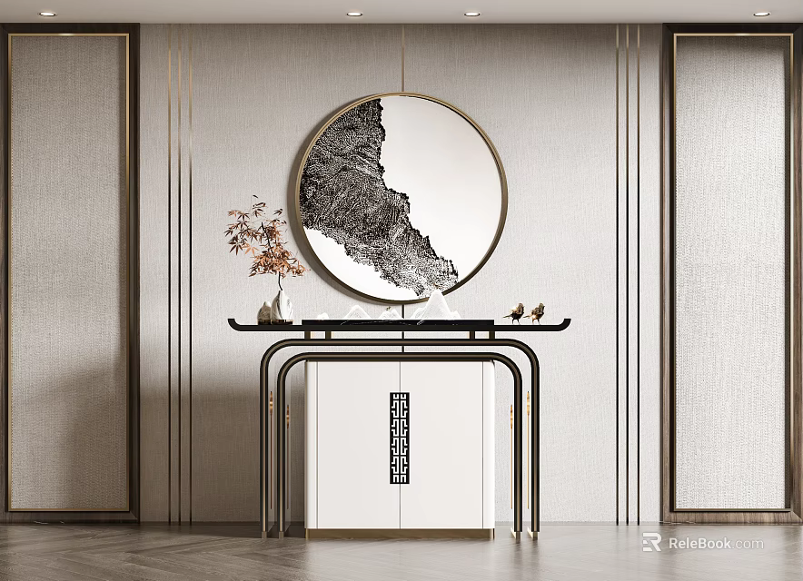 Elegant Entryway Console Table with Round Mirror Vase and Metal Frame Design 3d model