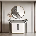 Elegant Entryway Console Table with Round Mirror Vase and Metal Frame Design 3d model