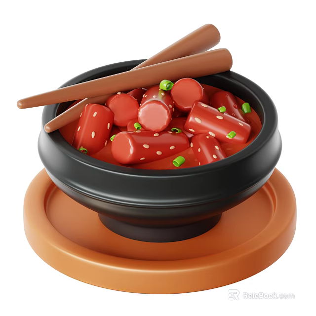 Appetizing Red Sausage Pieces in Black Bowl on Orange Tray with Green Onions and Chopsticks 3d model 