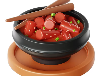 Appetizing Red Sausage Pieces in Black Bowl on Orange Tray with Green Onions and Chopsticks 3d model