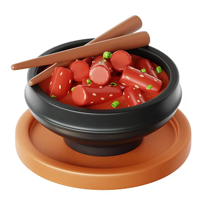 Appetizing Red Sausage Pieces in Black Bowl on Orange Tray with Green Onions and Chopsticks 3d model