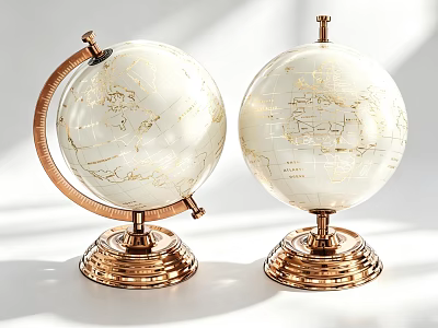 Decorative Globe Ornament Set With White Sphere Gold Map And Copper Base 3d model