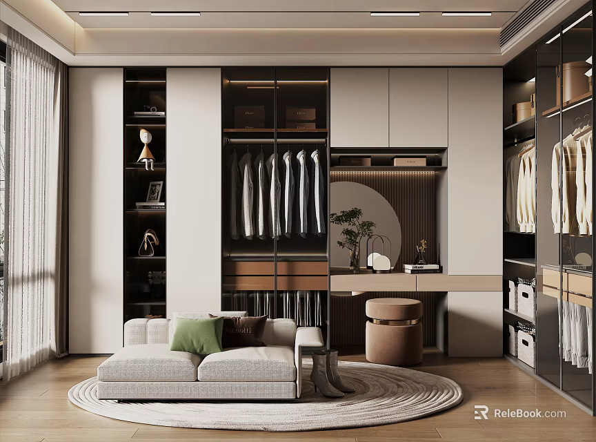Modern Walk-in Closet Interior Design With Open Concept Hanging Clothes Cabinets And Sofa 3d model 