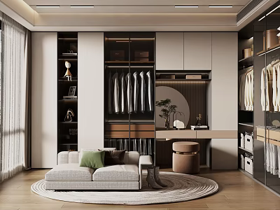 Modern Walk-in Closet Interior Design With Open Concept Hanging Clothes Cabinets And Sofa 3d model
