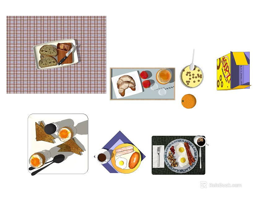 Delicious Breakfast Food Platters With Bread Fried Eggs Coffee And Fresh Fruits 3d model 