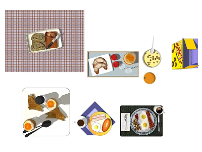 Delicious Breakfast Food Platters With Bread Fried Eggs Coffee And Fresh Fruits 3d model