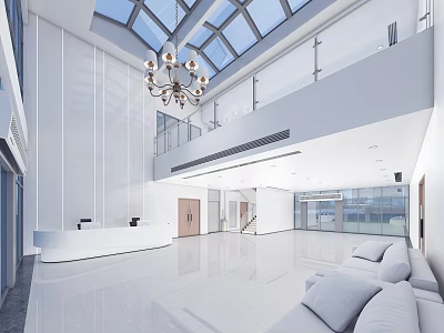 Modern Lobby Reception Desk Design With Glass Skylight Chandelier And White Sofa 3d model