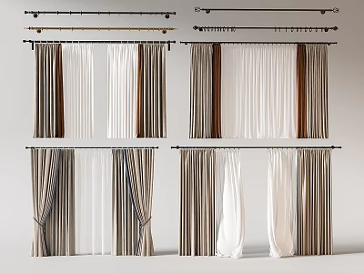 Striped And White Sheer Layered Curtains With Decorative Curtain Rods For Home Interior 3d model