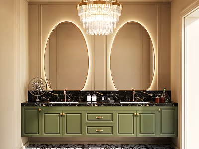 Green Bathroom Vanity With Double Sinks Black Countertop And LED Mirrors 3d model