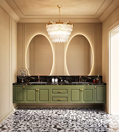 Green Bathroom Vanity With Double Sinks Black Countertop And LED Mirrors 3d model