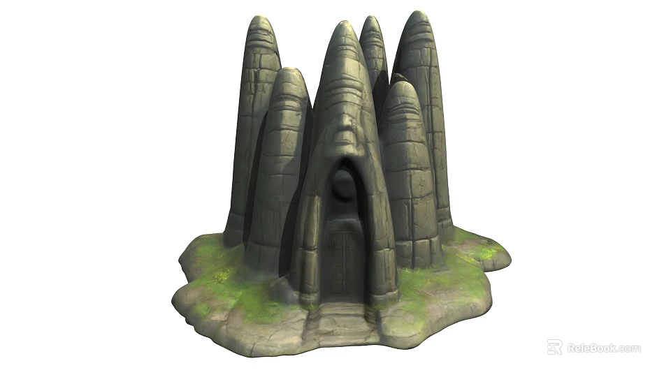Ancient Stone Building With Multiple Tower Like Structures And Central Doorway On Grass Base 3d model 