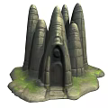 Ancient Stone Building With Multiple Tower Like Structures And Central Doorway On Grass Base 3d model