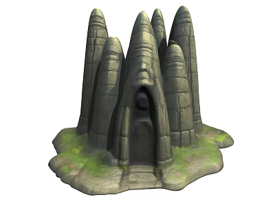 Ancient Stone Building With Multiple Tower Like Structures And Central Doorway On Grass Base 3d model